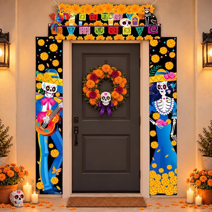 3 Pcs Day of the Dead Door Decorations, Dia De Los Muertos Door Banners