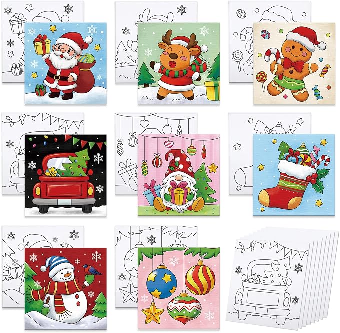 Anseal 8 Packs Christmas Pre Drawn Canvas for Painting, 8" X 8" Pre-Printed Canvas for Kids, Pre Stretched Outline Painting Boards for Beginners Students, Party Favor - skull painting