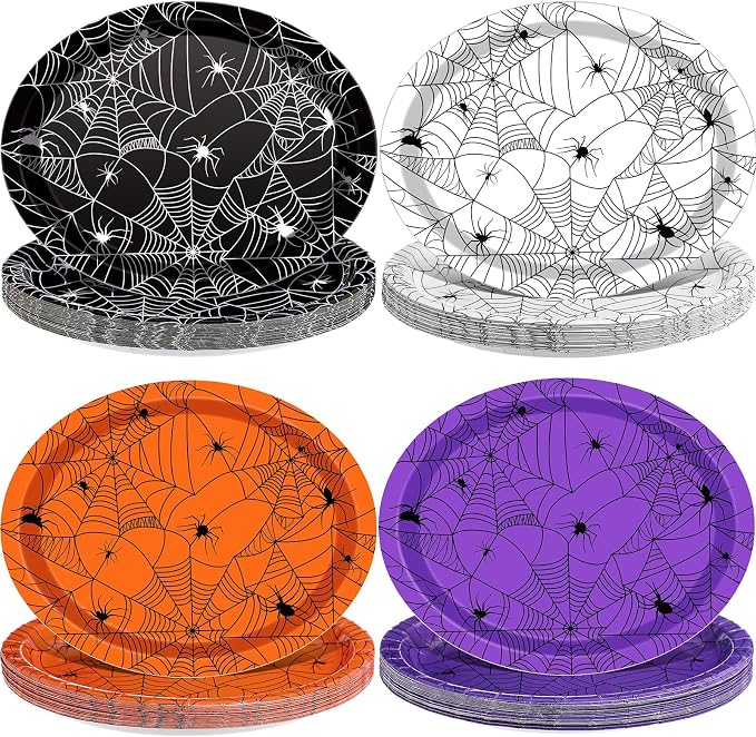 Vesici 100 Halloween Paper Plates, Spider Web Colorful 11 Inch Heavy Duty - skull plate