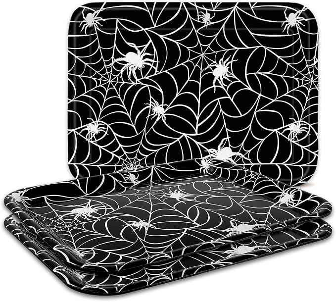 Whaline 3 Pcs Halloween Serving Trays Black White Spider Webs Reusable Melamine Trays Platters for Movie Night Birthday Holiday Party Food Supplies, 10 x 13 Inch - skull plate