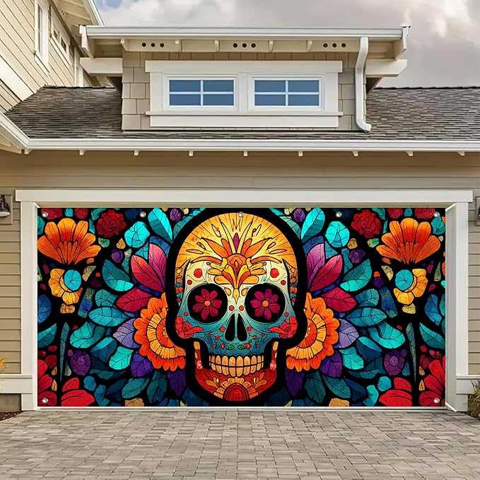 HOMETITUTE Day of the Dead Mosaic Skull Garage Door Cover 13x6 ft - skull door mat