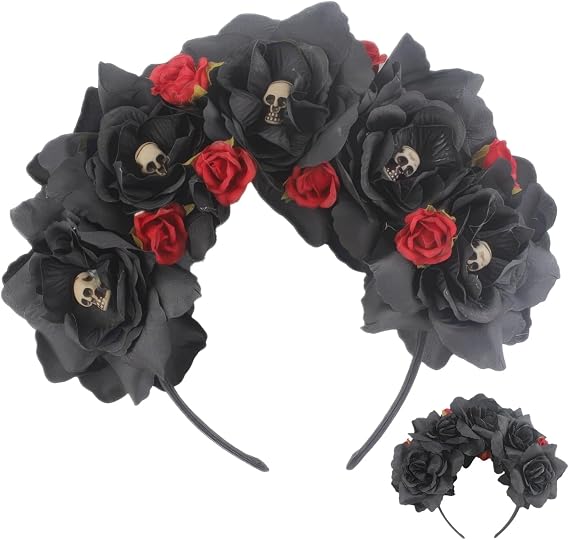 Skull Floral Headband Day of the Dead Rose Floral Crown Headpiece for Women Halloween Party Mexican Accessories (Black) - skull headband