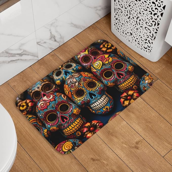 Colorful Sugar Skulls Doormat Welcome Door Mat Non-Slip Absorbent Bath Rug Soft Washable Floor Mat Modern Carpet for Stylish Kitchen Bedroom Bathroom Decor 16 X 24 Inch - skull floor mat