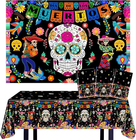Day of The Dead Backdrop and Dia De Los Muertos Tablecloths Bundle - skull sticker