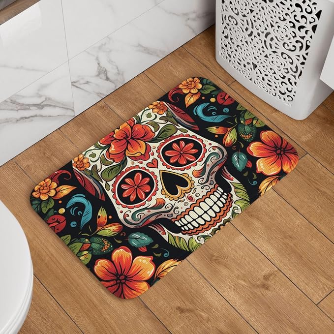 Colorful Sugar Skull Doormat Welcome Door Mat Non-Slip Absorbent Bath Rug Soft Washable Floor Mat Modern Carpet for Stylish Kitchen Bedroom Bathroom Decor 16 X 24 Inch - skull floor mat