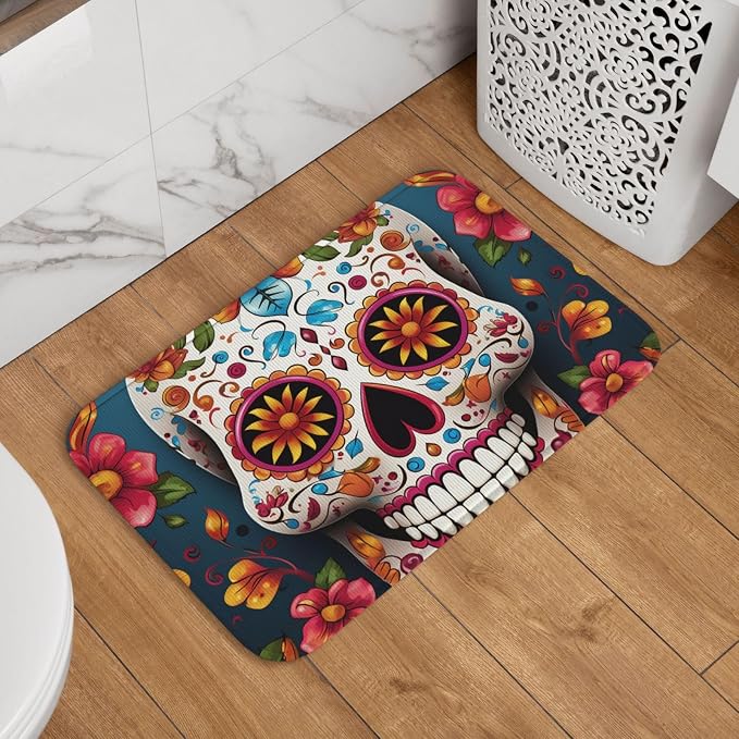Colorful Sugar Skull Doormat Welcome Door Mat Non-Slip Absorbent Bath Rug Soft Washable Floor Mat Modern Carpet for Stylish Kitchen Bedroom Bathroom Decor 16 X 24 Inch - skull floor mat