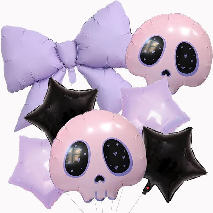 Pink Skull, Purple Bowknot, Black Purple Star Balloons for Girls Birthday, Gothic, Halloween Parties (7pcs, 18" x 19" x 0.2", Pink, Purple, Black, Unisex Children) - skull inflatable