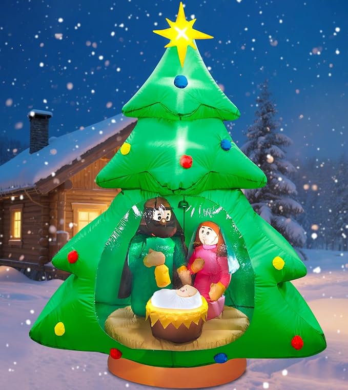 anroog 7ft Christmas Tree Inflatable Outdoor Decoration Inflatables Nativity Scene Jesus Blow Up Yard Decorations Built-in LED Lights Xmas Garden Lawn Outside Decor