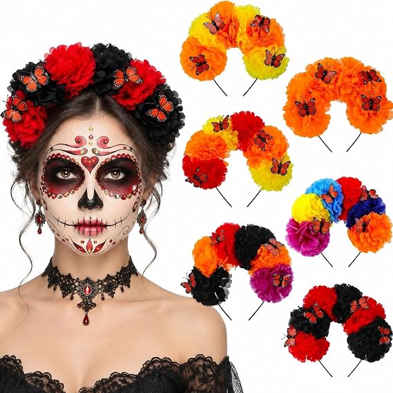 Hoteam 6 Pcs Day of the Dead Headbands Marigold Flower Crown - skull headband