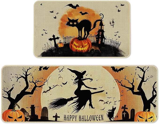 Kitchen Mat Set of 2,Halloween Rugs for Kitchen, 17″x29″&17″x47″