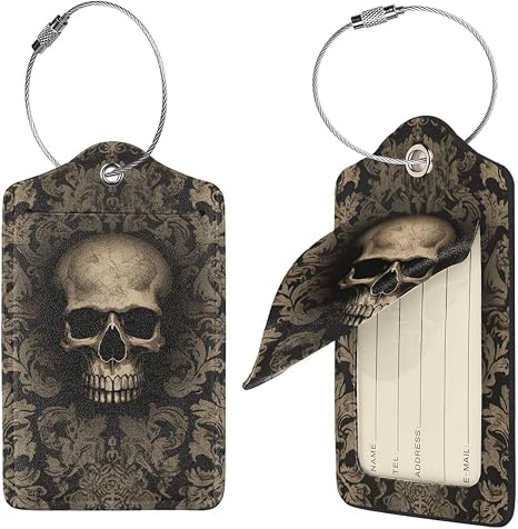 Gothic Wallpaper Skull Luggage Tag for Suitcase PU Leather Suitcase Tag with Stainless Steel Loop and Address Card Baggage Tags Cute Bag Name Travel Tags ID Labels for Women Men 2 PCS - skull suitcase