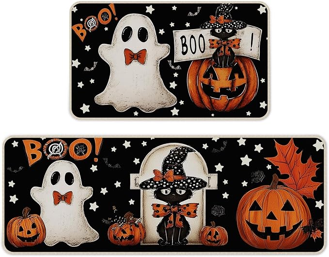 Kitchen Mat Set of 2,Halloween Rugs for Kitchen, 17"x29"&17"x47" - skull carpet