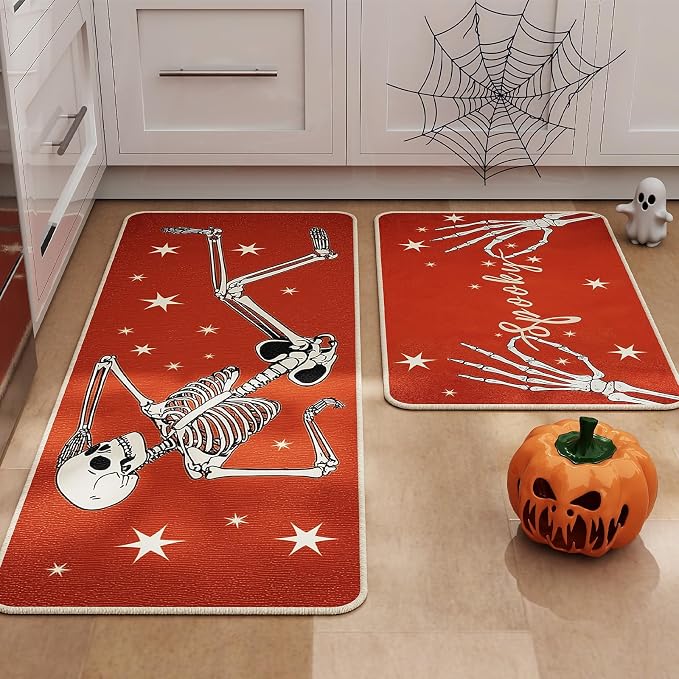Kitchen Mat Set of 2,Halloween Rugs for Kitchen, 17"x29"&17"x47" - skull floor mat