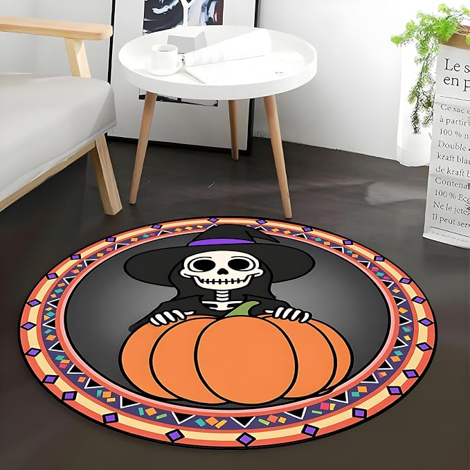 White Skull Round Area Rug,4ft Happy Halloween Decor Carpet,Autumn Pumpkin Witch Magic Hat Rug,Soft Washable Circle Carpet,for Living Bedroom Kids Colorful Geometric Pattern Floor Mat - skull carpet