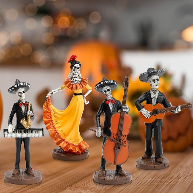 4Pcs Day of The Dead Figurines Decorations Halloween Skeleton Skull Statue Mariachi Band with Dancer, Realistic Collectible Folk Musician Players Ornament, Party Festive Indoor Decor - skull figurine
