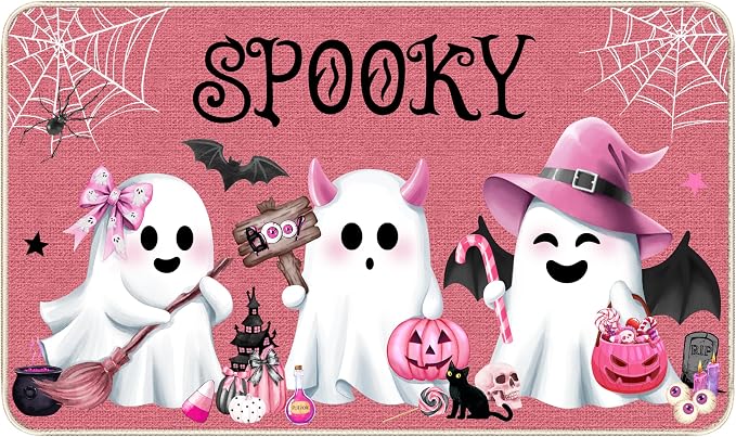 Pink Halloween Ghost Doormat, Non-Slip Entryway Door Mat, 17x29 Inch - skull floor mat