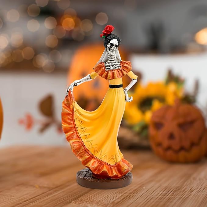 Day of The Dead Dancer Figurine, Halloween Skeleton Statue Dia De Los Muertos Altar Table Decor, Resin Sugar Skull Figures Collectibles Mexican Dancing Senorita Ornament Indoor Decor - sugar skull ornament