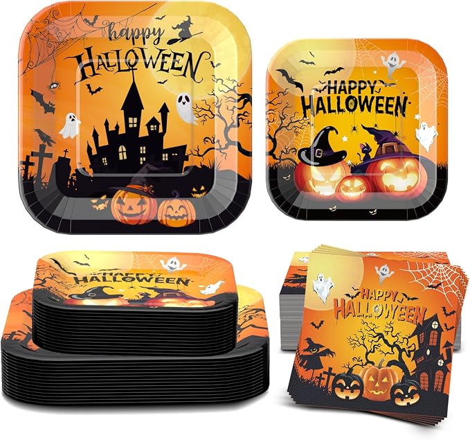 Halloween Paper Plates and Napkins, Service 25 Square Halloween Plates and Napkins Party Supplies Decorations - skull plate