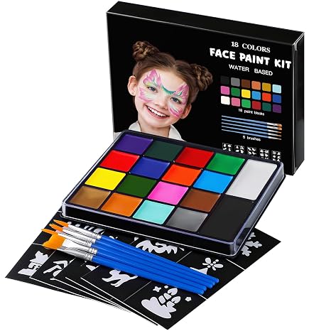 Face Painting Kit for Kids, 18 Colors Water Activated Face Paint with Brushes & Stencils, Non-Toxic Halloween Makeup Kit, Professional Face Body Paint for Halloween, Parties, Carnival, School Events - skull painting