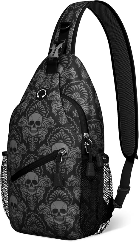 Black Skull Sling Bag Crossbody Chest Bag for Women Men, Water Resistant Lightweight Casual Crossbody Bag with Adjustable Strap, Travel Hiking Daypack Shoulder Backpack - skull backpack