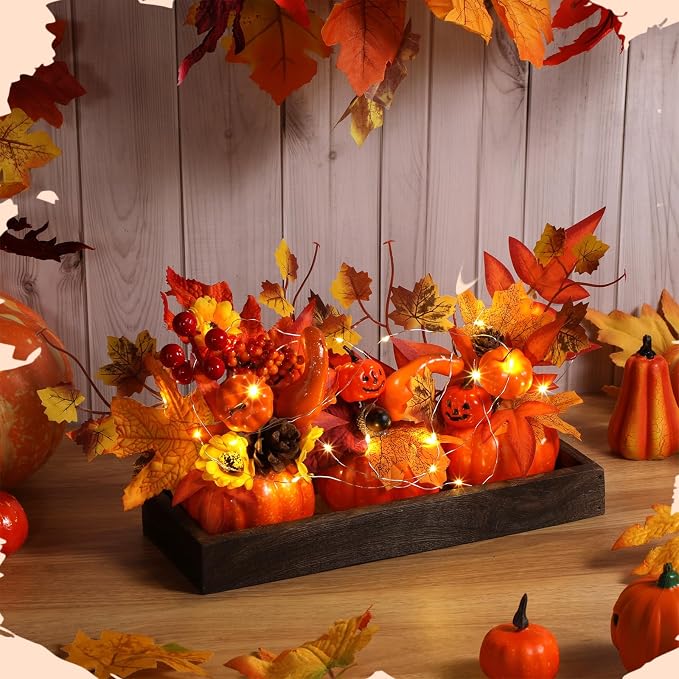Yalikop 4 Pcs Pumpkin Table Centerpiece for Thanksgiving Decoration Mini Wood Tray with Artificial Fall Maple LED Light Skull Decor for Autumn Harvest Thanksgiving Party Supplies(Orange) - string light