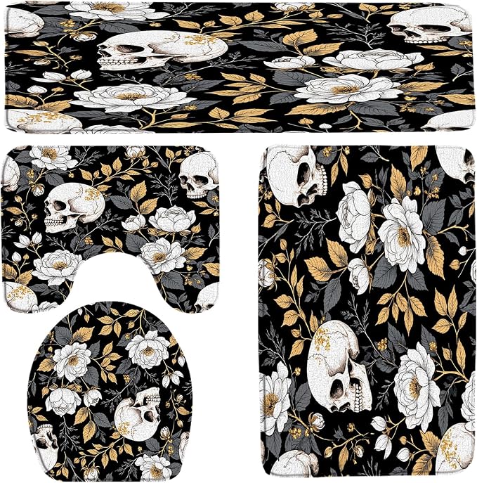 4PCS Vintage Skull Floral Bath Mat SetHalloween Gothic Skeleton Retro Flower Yellow Leaves Horror Spooky Dead Day Creepy Holiday Bath Mats,Toilet Cover,U-Shaped Toilet Mat - skull toilet mat