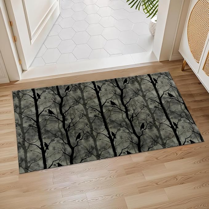 Spooky Forest Crow Indoor Door Mat, 17x29.5 Inch, Floor Area Rug for Entryway, Living Room, or Bathroom, Non-Slip Doormat, Halloween Gothic Raven and Haunted Trees Design Home Decor Rug Gifts - skull toilet mat