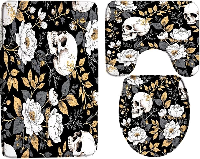 3PCS Vintage Skull Floral Bath Mat SetHalloween Gothic Skeleton Retro Flower Yellow Leaves Horror Spooky Dead Day Creepy Holiday Bathroom Bath Mat，U-Shaped Contour Rug and Toilet Lid Cover - skull toilet mat