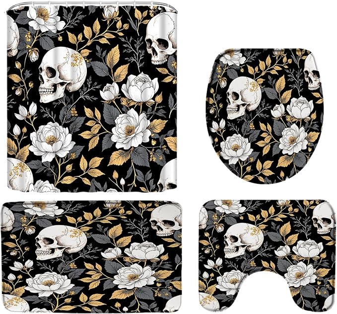 4PCS Vintage Skull Floral Shower Curtain SetHalloween Gothic Skeleton Retro Flower Yellow Leaves Horror Spooky Dead Day Creepy Holiday Bath Mats,Toilet Cover,U-Shaped Toilet Mat - skull toilet mat
