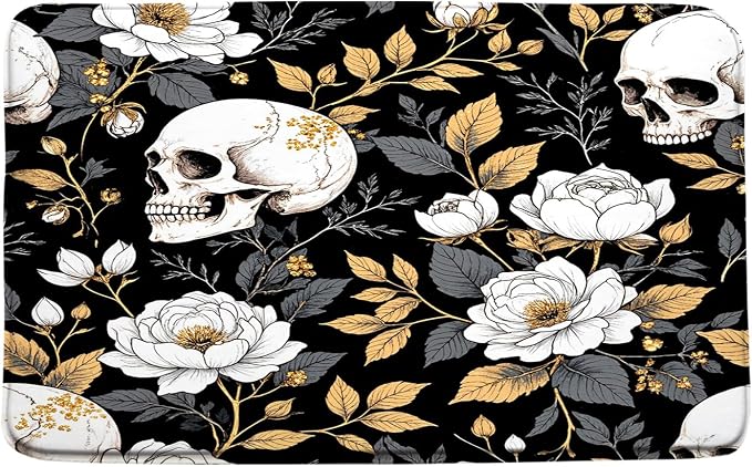 Vintage Skull Floral Bath MatHalloween Gothic Skeleton Retro Flower Yellow Leaves Horror Spooky Dead Day Creepy Holiday Bathroom Floor Bathtub Bath Rug