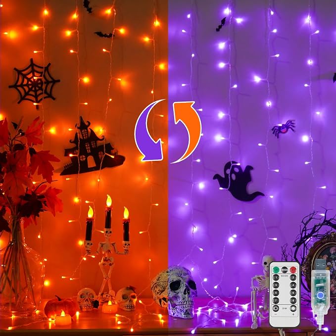 suddus Color Changing Curtain Lights for Halloween, 200 LED 6.5ft x 6.5ft Hanging String Lights with USB, Curtain Fairy Lights Indoor for Bedroom Wall, Party, Porch, Holiday, Purple and Orange - string light