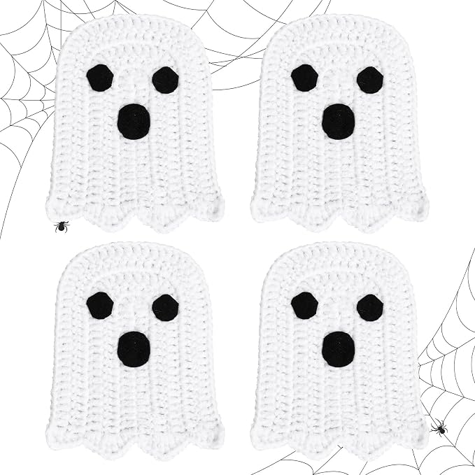 Whaline 4Pcs Halloween Ghost Coasters Handmade Crochet Drink Coasters Woven Fabric Cup Mat for Home Kitchen Party Table Decor - skull coaster