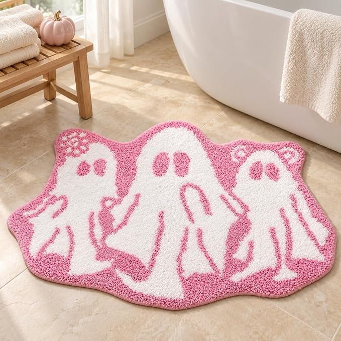 Whaline Halloween Bath Rug Spooky Pink Ghost Tufted Bath Mat Non Slip Floor Mat for Home Kitchen Bathroom Bedroom Porch Entryway