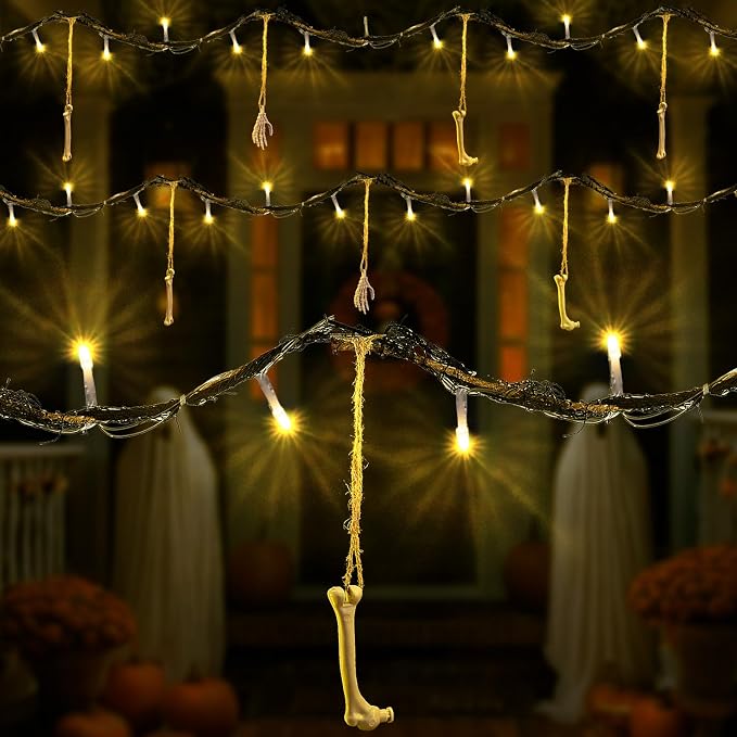Halloween Indoor Outdoor 6FT Lights Decor, 26LED Hanging Skeleton Skull Bones String Lights, Battery Operated Spooky Halloween Wreath Door, Patio, Party Decoration - string light