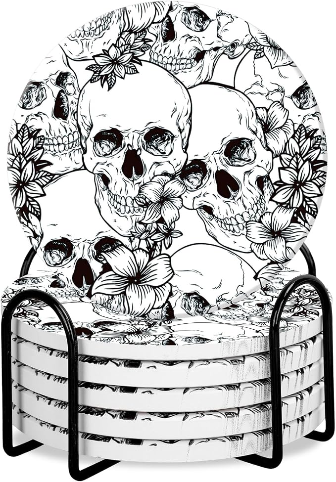Whaline 6Pcs Halloween Ceramic Coasters with Iron Holder Skull Floral Drink Coasters Absorbent Cup Mat for Mug Cup Home Kitchen Party Table Decor - skull coaster