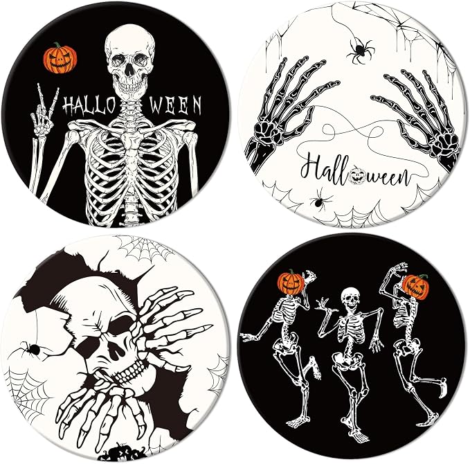 Whaline 4Pcs Halloween Ceramic Coasters Skeleton Pumpkin Drink Coasters Absorbent Cup Mat for Mug Cup Home Kitchen Party Table Decor