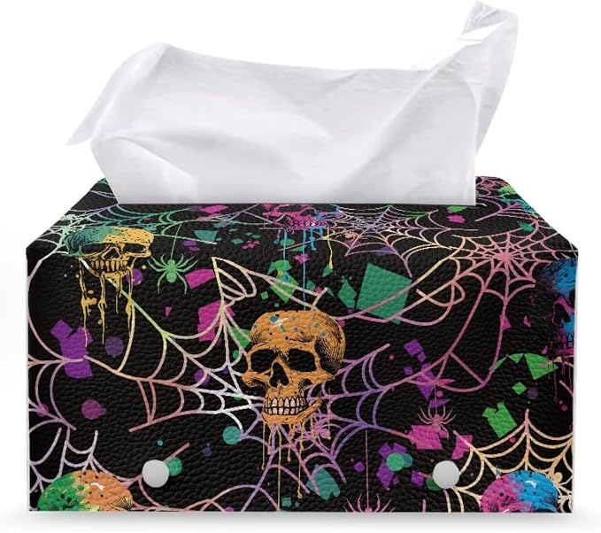 Rectangular Tissue Box Cover Hallween Tissue Box Holder with Skull Print Holiday Home Decor for Living Room Kitchen Bathroom Hotel Countertop