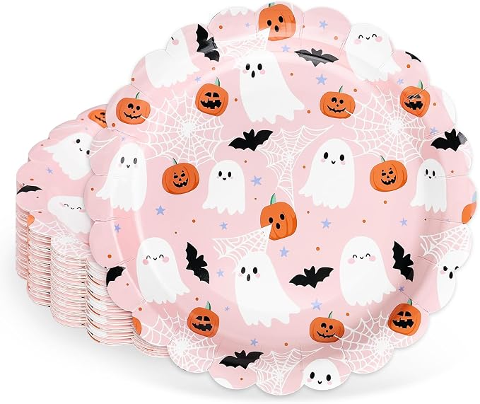 Whaline 40Pcs Halloween Scalloped Paper Plates 9 Inch Pink Ghost Pumpkin Bat Party Plates Disposable Dinner Dessert Plate for Holiday Birthday Trick or Treat Party Supplies - skull plate