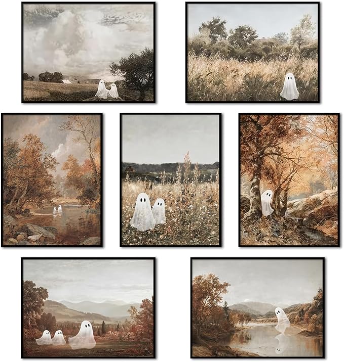 Mynotix Funny Halloween Poster Set of 7, Cute Ghost Country Landscape Wall Art, Vintage Haunted Forest Canvas Painting Print Pictures for Bedroom Living Room Dorm Unframed 8x10 inch - skull wall art