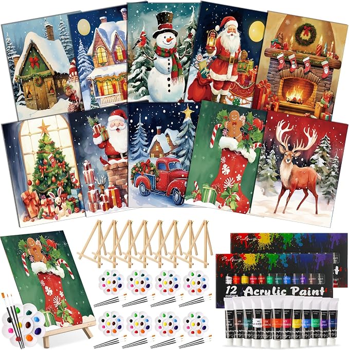 Ctosree 72 Pcs Christmas Paint and Sip Kit for Adults 8'' x 10'' Pre Drawn Canvas for Painting DIY Pre Printed Canvas for Party Favor Afro Acrylic Painting Kit Wood Easel Brushes Date Night Bulk - skull painting