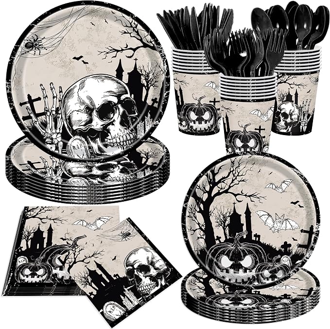 168Pcs Halloween Party Supplies Skull Pumpkin Plates and Napkins Halloween Scary Party Decorations Tableware Set Day of the Dead Birthday Party Paper Plates, Serve 24 Guests - skull plate