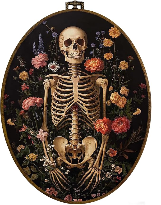 dvhdajed Dark Gothic Skull Oval Wall Art Decor, Witchy Cottagecore Skeleton Botanical Floral Framed Canvas Art, Goth Halloween Skull Oval Wall Hanging Decor for Home Bedroom Living Room, 8.7x11.3 In - skull wall art