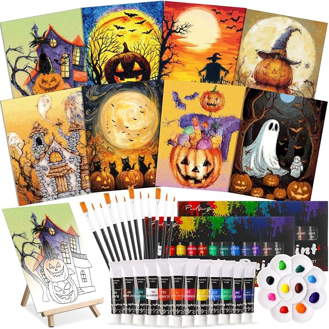Cholemy 36 Pcs Paint and Sip Kit Gift for Adults 8”x10”,Halloween Pumpkin
