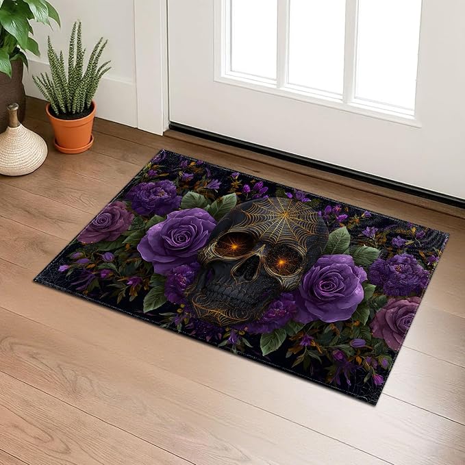 Gothic Skull Indoor Door Mat, Purple Roses Halloween Welcome 29.5"×17" Non-Woven Floor Mat, Non-Slip Doormat Rug for Front Door, Porch, Bathroom, Kitchen, Home Decor, Gifts - skull carpet