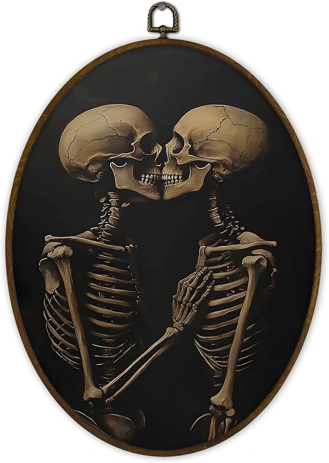 Gnmduw Vintage Skeleton Couple Kissing Oval Wall Art Framed, Gothic Skeleton Kiss Canvas Prints Hanging Decorations, Moody Skull Dark Aesthetic Wall Decor for Home, Creepy Bedroom Decor, 8.7x11.3 In - skull wall art