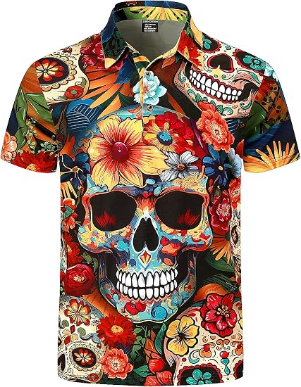 Men's Novelty Golf Polo Button Down Short Sleeve Shirt - skull tshirt