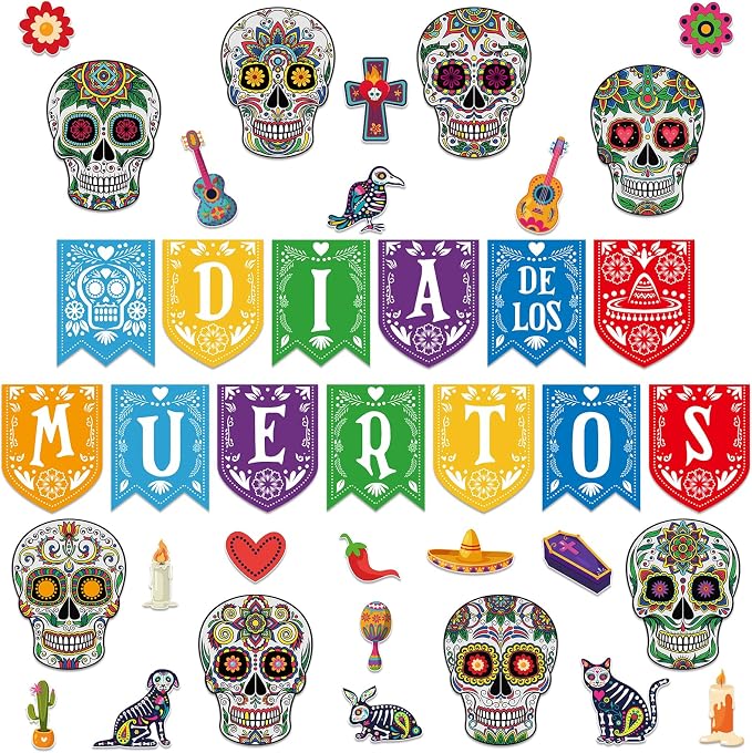 Dia De Los Muertos Decorations - 38PCS Sugar Skull Cutouts Decor - skull candle