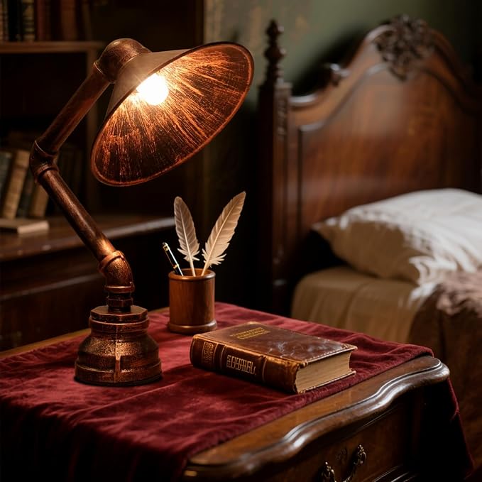 Steampunk Table Lamp, Industrial Water Pipe Lamp Retro Iron Piping Desk Lamp Vintage Nightstand Lamps for Bedroom Living Room Kitchen Café Dorm Pub Brown1 - skull lamp