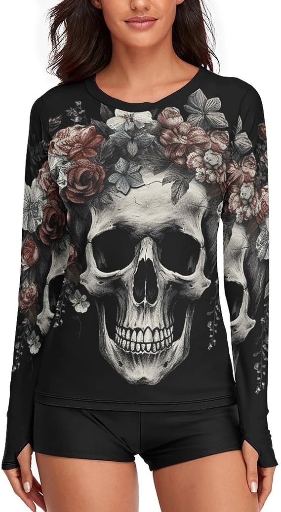 Skull in Darkness Womens Rash Guard Long Sleeve Swimsuits UPF 50+ SPF Shirts Sun Shirt Bathing Suit- - skull swimsuit