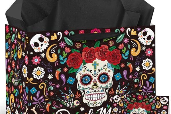 Day of The Dead Gift Bag with Wrapping Paper and Card Dia De Los Muertos Party Favor Bags Sugar Skull Rose Flower Gift Wrap Bag with Handle Mexican Carnival Paper Bags for Day of The Dead Halloween